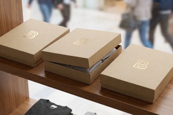 Retail store display of three light brown custom boxes with gold foil B logos, one open showing a grey garment, on a wooden shelf.