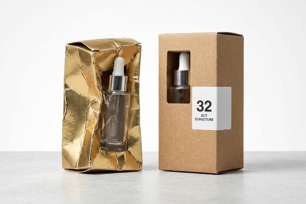 ECT Structure Packaging Comparison Crumpled gold foil packaging next to a kraft cardboard box featuring a '32 ECT Structure' label, both holding clear dropper bottles.