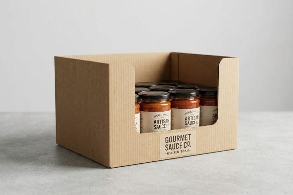Corrugated cardboard open-top display box for Gourmet Sauce Co. Artisan Sauce, featuring multiple glass jars with black lids, labeled "Retail Ready Display".