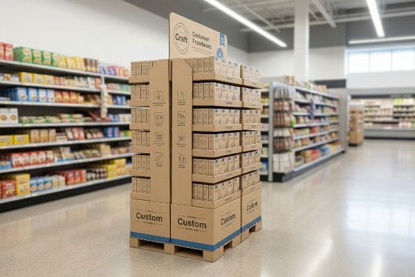 Brown corrugated floor display for Graft Customer Freeboards, featuring Custom branding on its base, stacked with products on blue pallets in a retail aisle.
