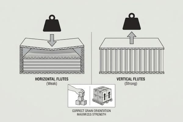 Grain Orientation Strength Corrugated box strength diagram: Horizontal Flutes (Weak) buckle; Vertical Flutes (Strong) resist. Correct Grain Orientation Maximizes Strength.
