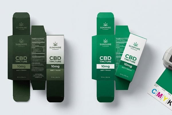 Caixas personalizadas para tintura de CBD Caixas personalizadas Soft-Touch da Sunphire Customs para tintura de CBD 10mg em tons de verde escuro e verde vibrante, mostrando designs de embalagens planas e montadas.