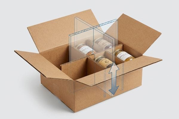 Corrugated cardboard box with a transparent H-divider being inserted to create compartments for four glass jars, illustrating product protection.