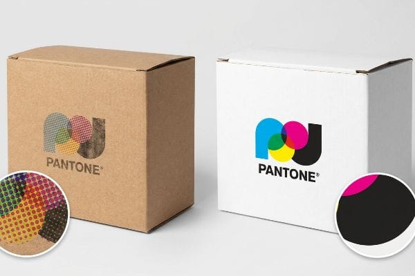Pantone Print Quality Comparison Brown kraft box with halftone CMYK P-shaped Pantone logo contrasts with a white box displaying a solid Pantone spot color logo, showing print quality.
