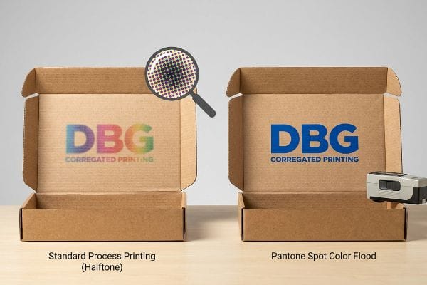 Brown corrugated boxes compare Dbg Corregated Printing logos: halftone process printing vs. crisp Pantone spot color flood.
