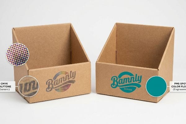 Corrugated cardboard display boxes comparing Bamly logo printed with CMYK Halftone dots and solid PMS Spot Color Flood.