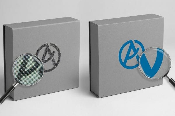Halftone vs Spot Color Grey gift box logos: left shows magnified grainy halftone dots, right displays smooth, solid blue spot color.