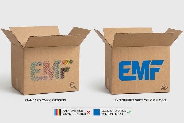 Cardboard boxes compare EMF logo print quality: grainy Halftone Mud (CMYK Process) versus vibrant Solid Saturation (Pantone Spot).
