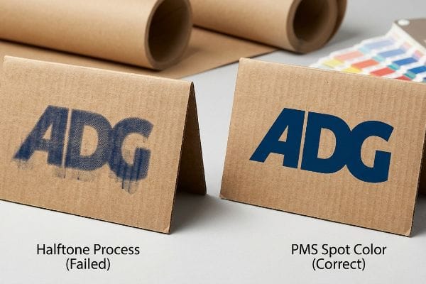 Print Quality Comparison Corrugated cardboard displays the ADG logo, showing a failed halftone process with muddy ink bleed versus a correct, razor-sharp PMS spot color print.