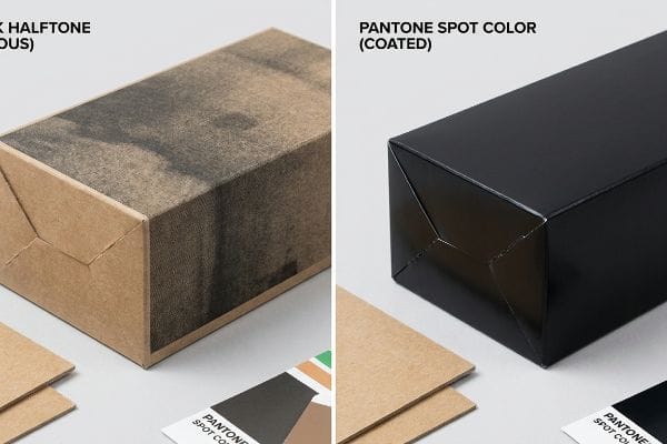 Halftone Spot Color Comparison Comparison of a grainy Black Halftone (Porous) print on kraft paper versus a dense, glossy Pantone Spot Color (Coated) black box.