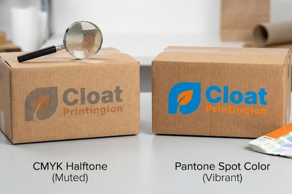 CMYK vs Pantone Printing Two corrugated kraft boxes display Cloat Printinglon logos, one muted CMYK Halftone with a magnifying glass, the other vibrant Pantone Spot Color with a swatch book.