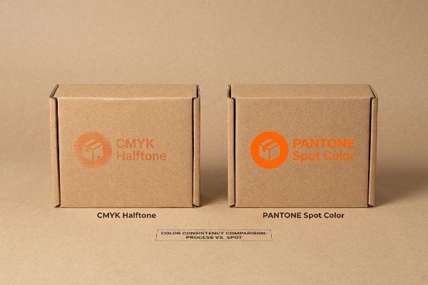 Two brown corrugated boxes display color consistency: one with a faded Cmyk Halftone orange logo, the other with a vibrant Pantone Spot Color orange logo.
