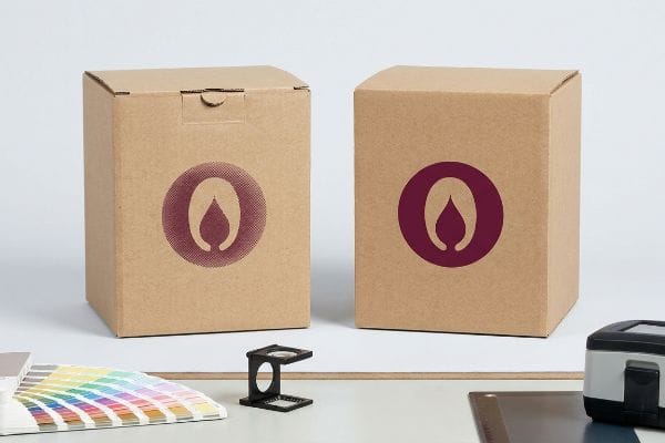 Brown cardboard boxes display deep burgundy logos, one with grainy CMYK halftone dots, the other a smooth PMS spot color, beside color swatches.