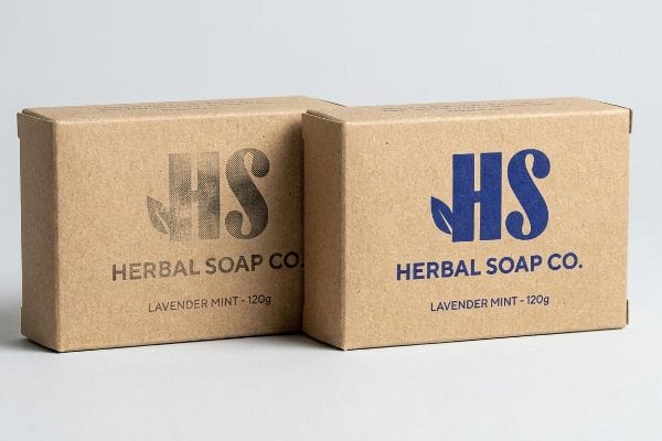 Soap Box Color Comparison Two kraft paper soap boxes, one with a halftone JHS Herbal Soap Co. logo, the other with a vibrant blue spot color logo for Lavender Mint - 120g.