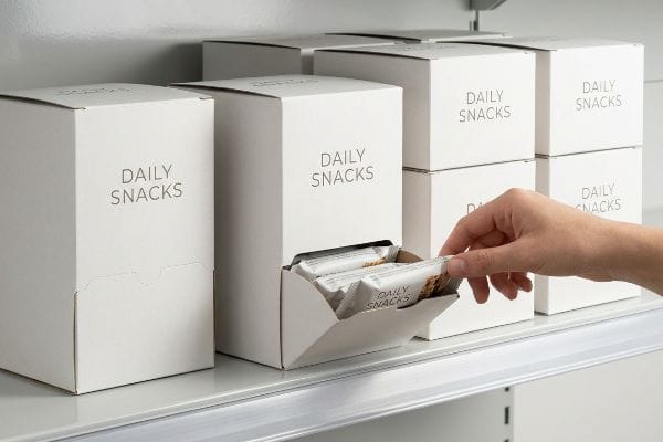 A hand takes a snack bar from a white Daily Snacks dispenser box on a retail shelf, surrounded by other identical boxes.