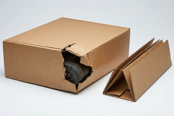 Brown corrugated cardboard box with a large sidewall blowout, revealing a heavy work boot, next to a folded cardboard insert.