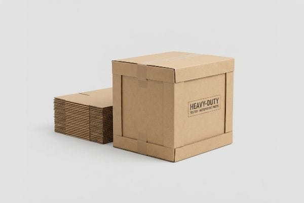 Heavy-Duty Automotive Packaging Brown corrugated cardboard box labeled Heavy-Duty, Tested - Automotive Parts, beside a stack of flat packaging sheets.
