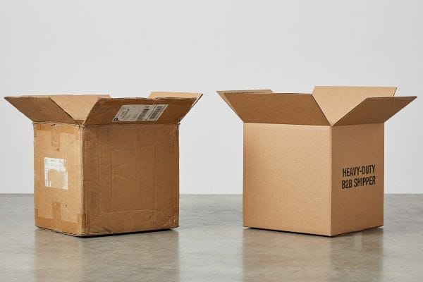 Heavy-Duty B2B Shipper Fatigued brown cardboard box with shipping labels next to a new "Heavy-Duty B2B Shipper" box, illustrating structural integrity.