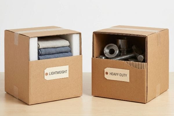 Leichte und robuste Boxen Zwei offene Wellpappkartons, einer mit der Aufschrift „Leichtgewicht“ und Textilien und Schaumstoff, der andere mit der Aufschrift „Schwerlast“ und Metallteilen, demonstrieren die Eignung der Verpackung.