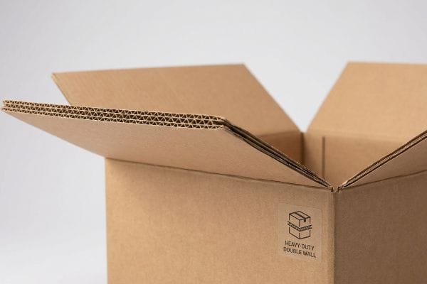 Heavy-Duty Double Wall Box An open, empty heavy-duty double wall cardboard box reveals its corrugated fluting, with a 'Heavy-Duty Double Wall' label visible.