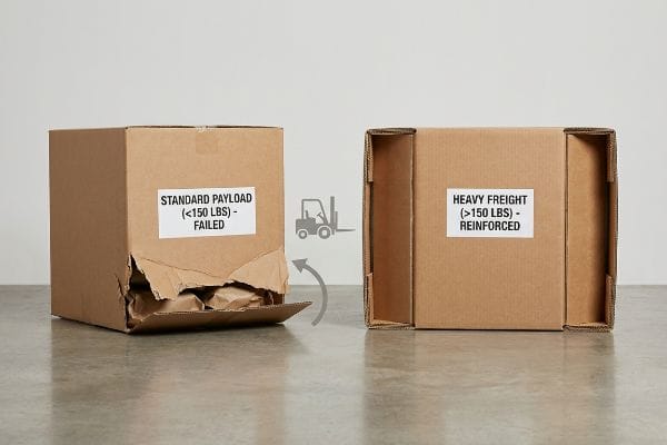 Verpackungsversagen vs. Festigkeit Beschädigter Karton mit der Aufschrift „Standard Payload (<150 Lbs) - Failed“ neben einem verstärkten Karton mit der Aufschrift „Heavy Freight (>150 Lbs) - Reinforced“, was die Stabilität der Verpackung verdeutlicht.