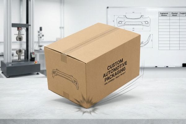 Automotive Packaging Drop Test Brown corrugated box, labeled 'Custom Automotive Packaging' and 'Ista Certified - Heavy Freight', shown dropping in a lab.