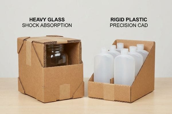 Glass Shock Absorption Packaging Brown corrugated packaging securely holds a heavy glass jar, engineered for shock absorption.