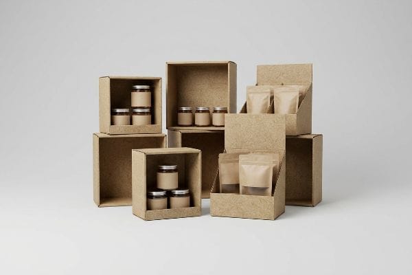 Hemp Retail Display Boxes Arrangement of sustainable hemp display boxes showcasing small jars and stand-up pouches for eco-friendly retail packaging.