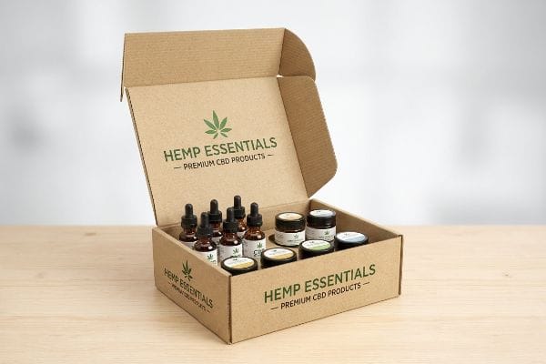 An open corrugated display box from Hemp Essentials showcases premium CBD products, including amber dropper bottles and small jars, on a wooden surface.