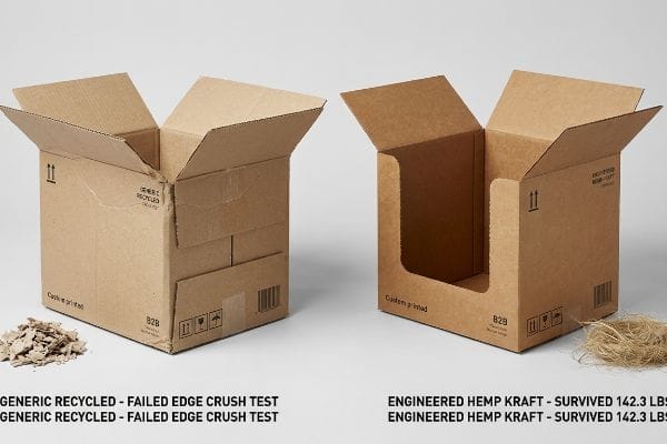 Hemp vs Recycled Boxes Two open corrugated boxes: Generic Recycled failed Edge Crush Test, Engineered Hemp Kraft survived 142.3 LBS, with shredded paper and hemp fibers.