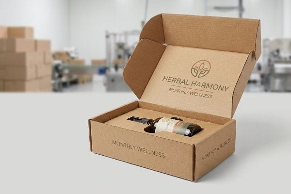 Herbal Harmony CBD Box Brown corrugated cardboard "Herbal Harmony Monthly Wellness" subscription box with a die-cut insert holding a CBD dropper bottle.