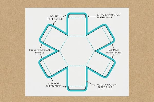 Hexagon Box Die-Cut Template Die-cut template for a hexagon box, showing six symmetrical panels, a 0.5-inch bleed zone, and the Litho-Lamination Bleed Rule.