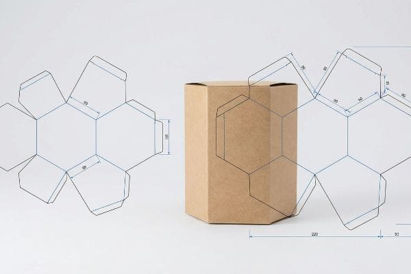 Hexagon Box Dieline Design Displaying a brown hexagonal box next to its custom dieline templates, featuring precise dimensions like 55, 80, 220, and 90 for packaging design.
