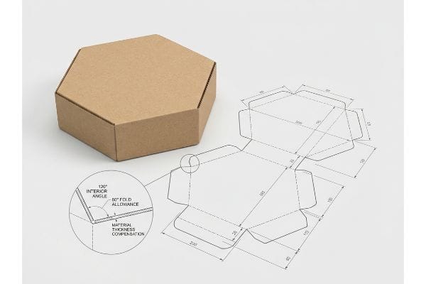 Hexagon Box Fold Allowance Corrugated hexagon box and dieline, with detail of 120° Interior Angle, 60° Fold Allowance, Material Thickness Compensation.