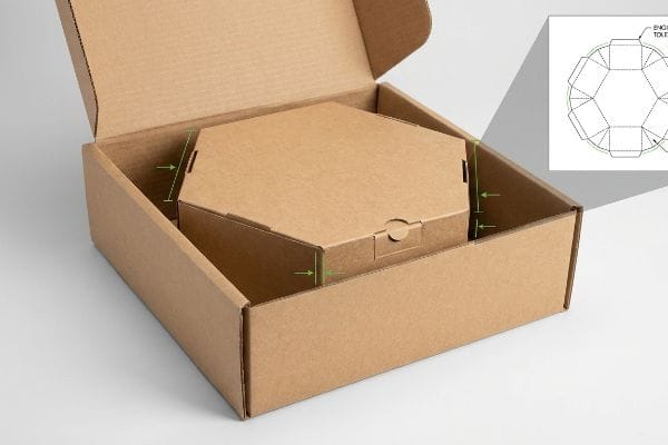Brown corrugated shipping box with a hexagonal carton inside, green lines highlighting perimeter clearance, and an inset dieline with "Engineered Tolerance" text.