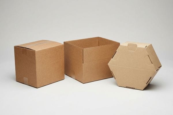 Three brown corrugated cardboard boxes: a closed RSC, an open HSC, and a hexagonal die-cut custom folder.