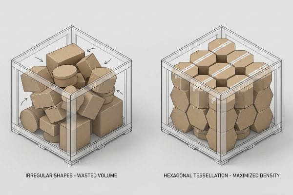 Packaging Efficiency Comparison Brown cardboard boxes in two crates demonstrate packaging efficiency: irregular shapes lead to Wasted Volume, while Hexagonal Tessellation achieves Maximized Density.