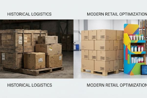 Worn wooden crates and cardboard boxes on a pallet, labeled Historical Logistics, contrasted with new stacked cartons and a colorful retail Point-Of-Purchase display for Modern Retail Optimization.