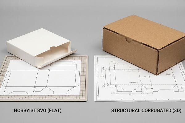A white Hobbyist SVG (Flat) cardstock box and dieline next to a brown Structural Corrugated (3D) box and blueprint.