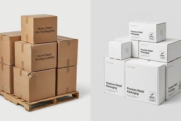 Generic vs Premium Boxes Brown corrugated Home Depot Moving Supplies boxes on a wooden pallet contrasted with white Premium Retail Packaging SIOC validated boxes.