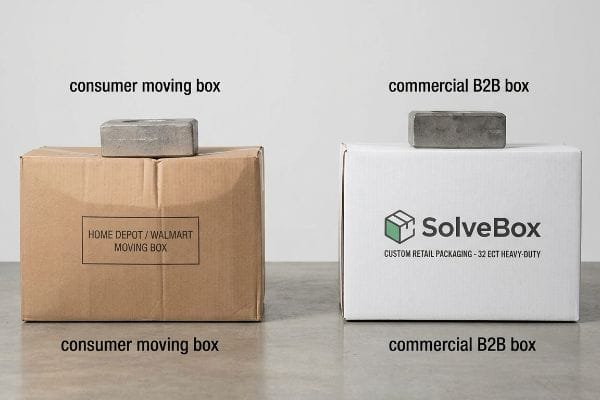 A brown Home Depot / Walmart Moving Box and a white SolveBox Custom Retail Packaging 32 ECT Heavy-Duty box, each with a concrete weight, illustrating consumer versus commercial packaging strength.
