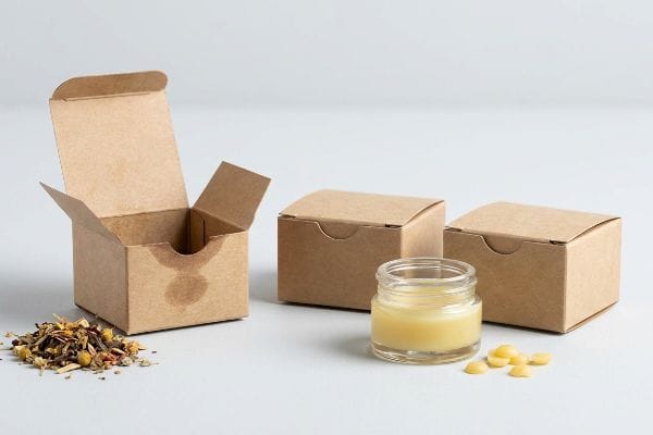 Homemade Lip Balm Packaging Kraft paper boxes, an open lip balm jar, beeswax pellets, and dried botanicals for homemade lip balm packaging.
