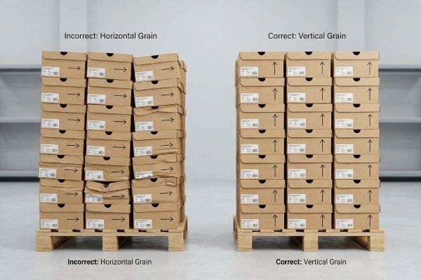 Wooden pallets support two stacks of brown shoe boxes, contrasting collapsed 'Incorrect: Horizontal Grain' with stable 'Correct: Vertical Grain' for strength.