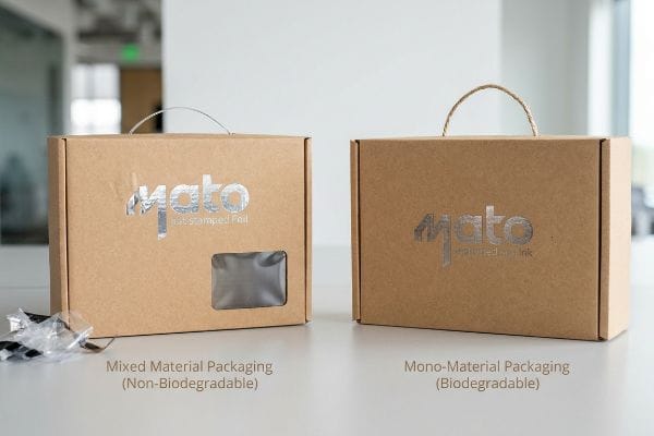 Vergleich biologisch abbaubarer Verpackungen Braune Kartonverpackungen für Mato-Produkte: Nicht biologisch abbaubar (Heißfolienprägung, Kunststofffenster) vs. biologisch abbaubar (strukturierte Sojatinte).