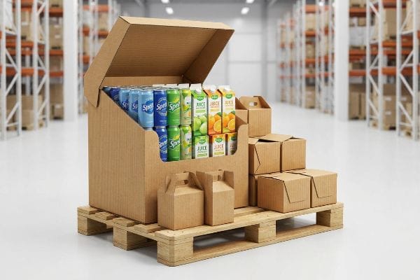 صندوق كرتوني مموج مفتوح من الأعلى جاهز للبيع بالتجزئة، مملوء بعلب سبرايت وعلب عصير على منصة خشبية.