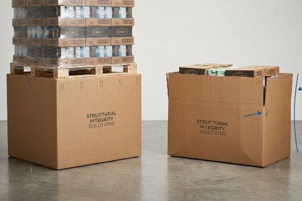 Two Structural Integrity Solutions corrugated boxes: one stable RSC supporting a pallet, one bowing open-top HSC.