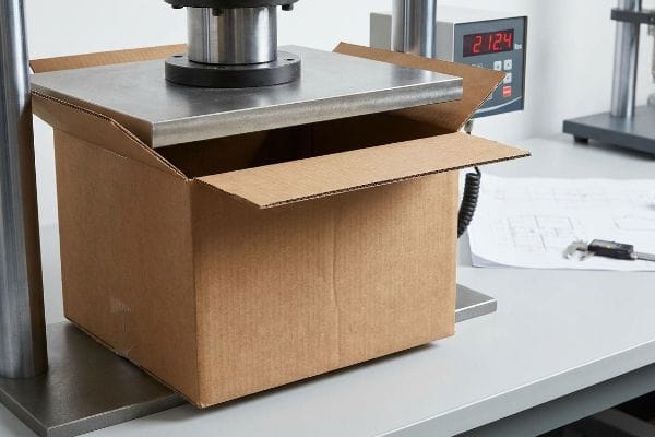 HSC Box Compression Test Brown corrugated box being crushed by a hydraulic press, displaying 212.4 lbs on the digital readout.