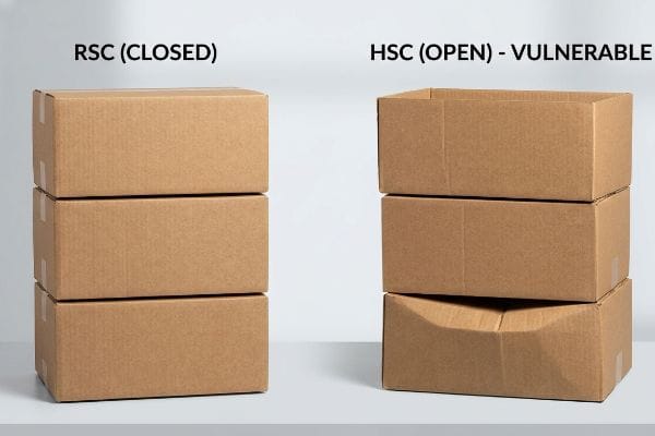 RSC vs HSC Boxes Braune Kartons veranschaulichen den Unterschied zwischen geschlossenen (Rsc) und offenen (HSc) Versandkartons – anfällige, oben offene Behälter mit einem zusammengedrückten unteren Karton.