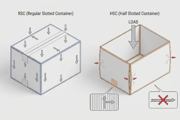 Box Compression Vulnerability Regular Slotted Container (RSC) shows stable load distribution. Half Slotted Container (HSC) buckles under top load, highlighting flute direction.