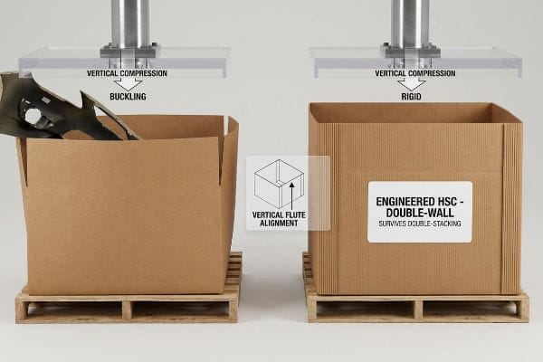 HSC Double-Wall Rigidity Corrugated boxes under compression: one buckling, the Engineered HSC - Double-Wall box with Vertical Flute Alignment is rigid.